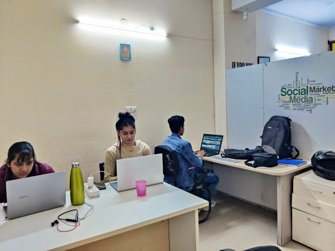 A team of coworkers using laptops and working together in an office space.